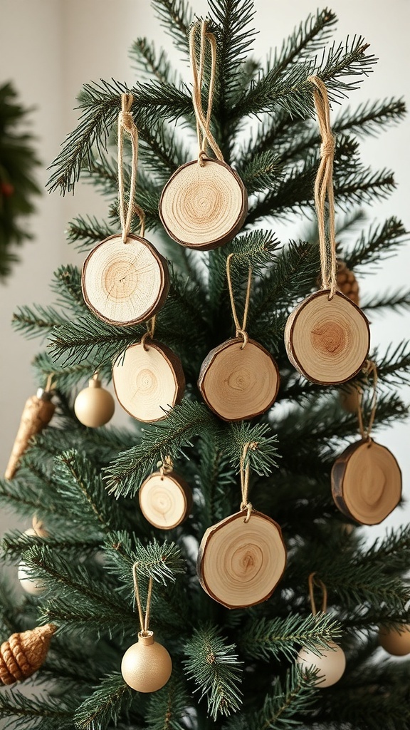 A Christmas tree decorated with natural wood slice ornaments and golden baubles.