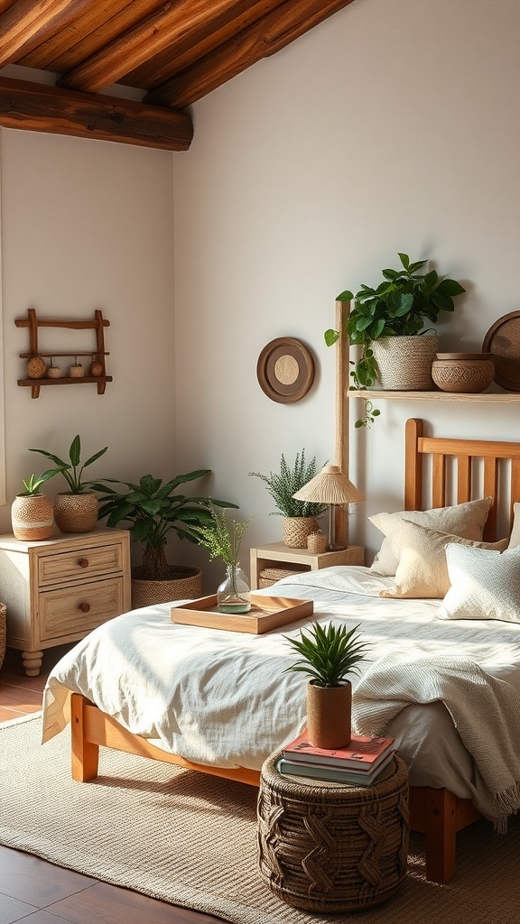 A rustic farmhouse bedroom featuring wooden furniture, plants, and natural decor.