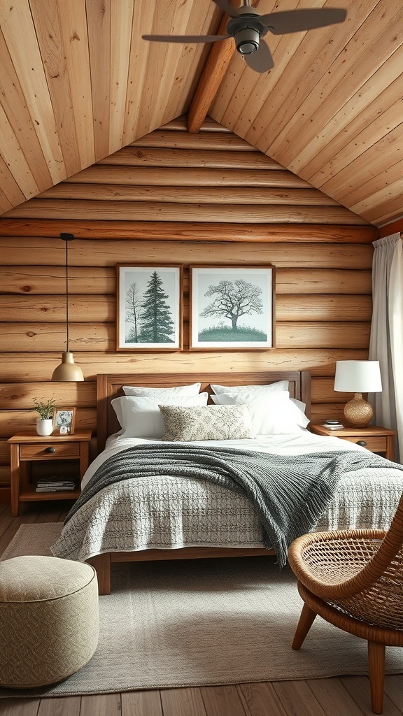 A cozy cabin bedroom featuring nature-inspired art with tree silhouettes on the wall.
