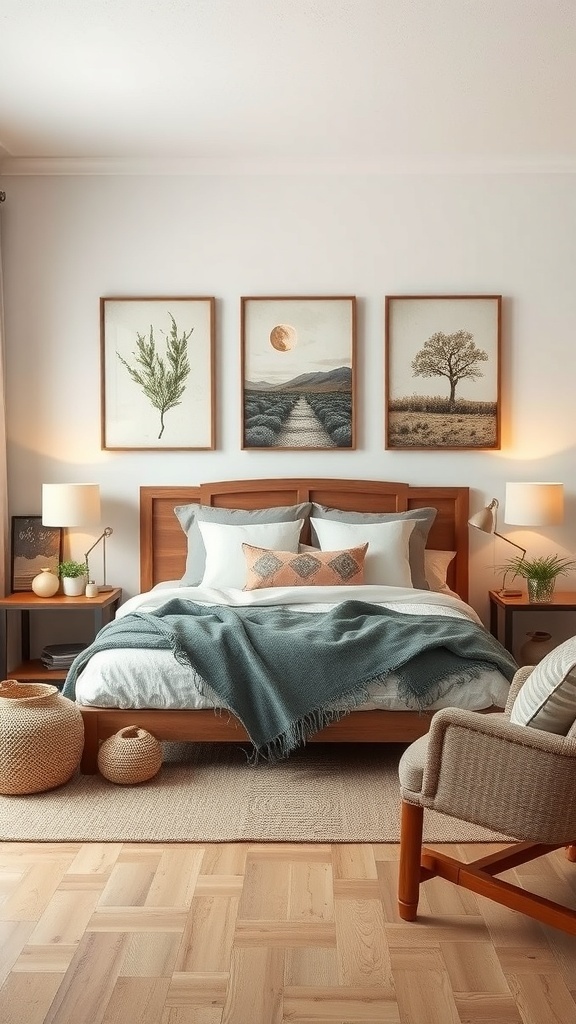 A rustic romantic bedroom featuring nature-inspired artwork above the bed.