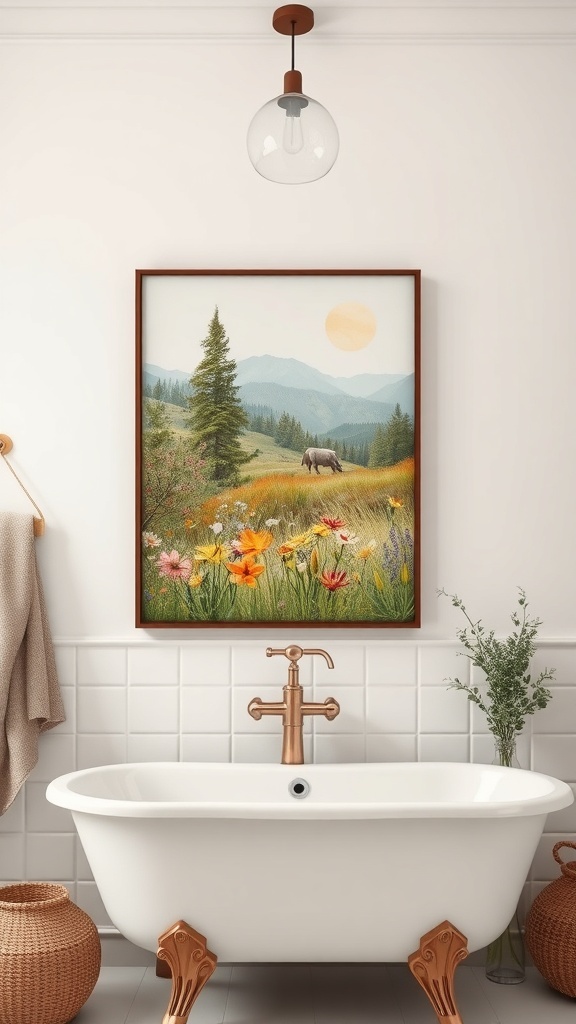 A nature-inspired artwork featuring a serene landscape with flowers and a cow, displayed above a bathtub in a cottagecore bathroom.