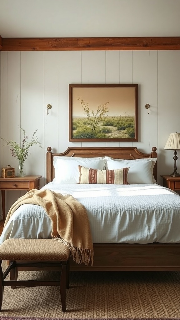 A vintage farmhouse bedroom featuring a nature-inspired artwork above the bed.