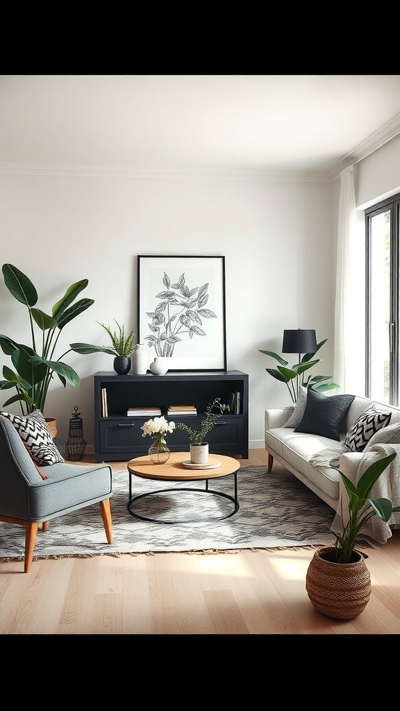 A stylish black and white living room featuring plants, modern furniture, and botanical artwork.