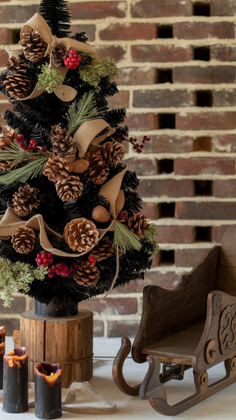 A black Christmas tree decorated with pinecones, berries, and burlap ribbon, next to rustic candles and a wooden sleigh.