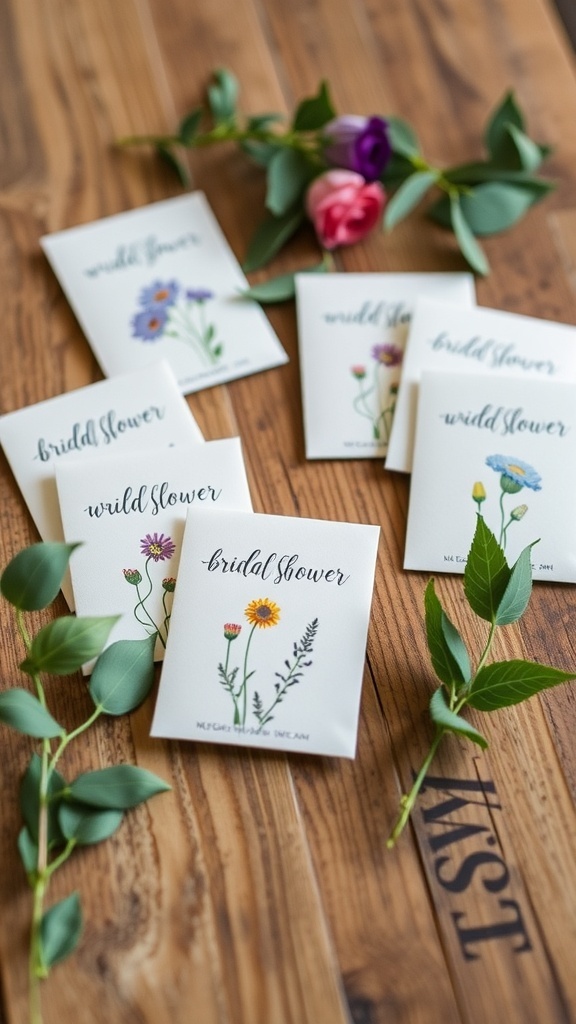 Wildflower seed packets for bridal shower favors on a wooden table.