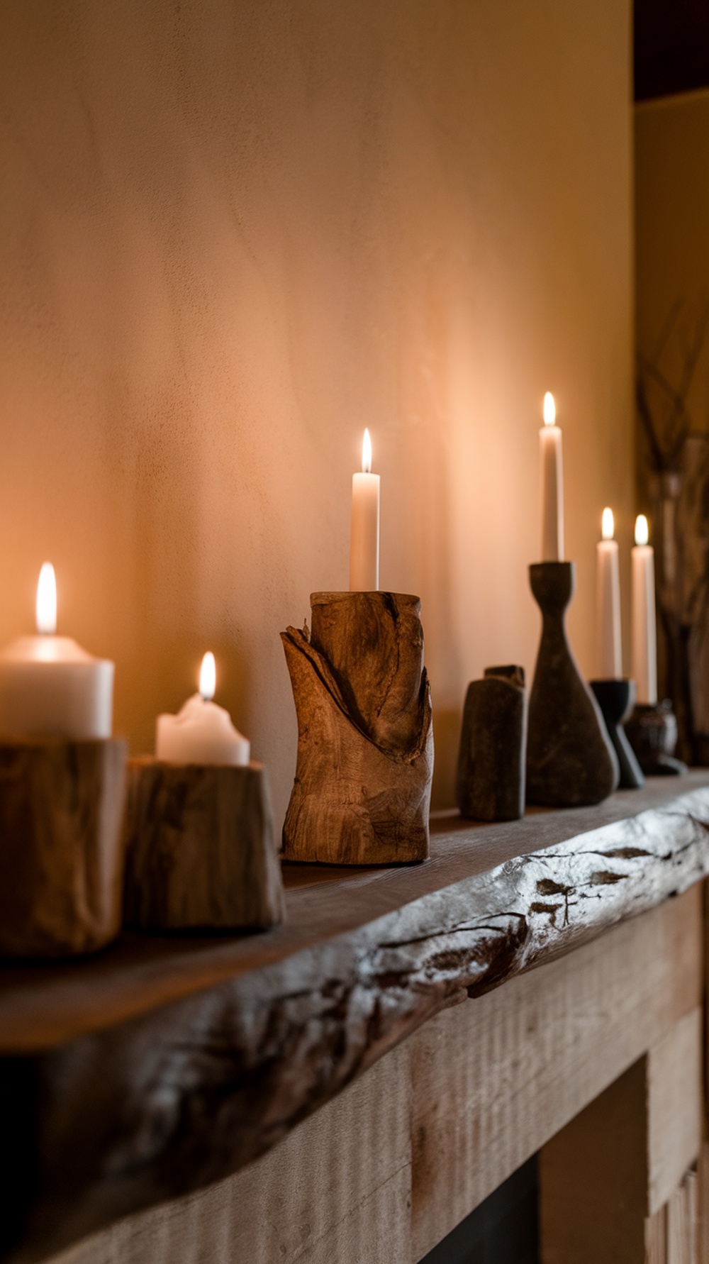 A rustic wooden mantel decorated with various nature-inspired candle holders and lit candles.
