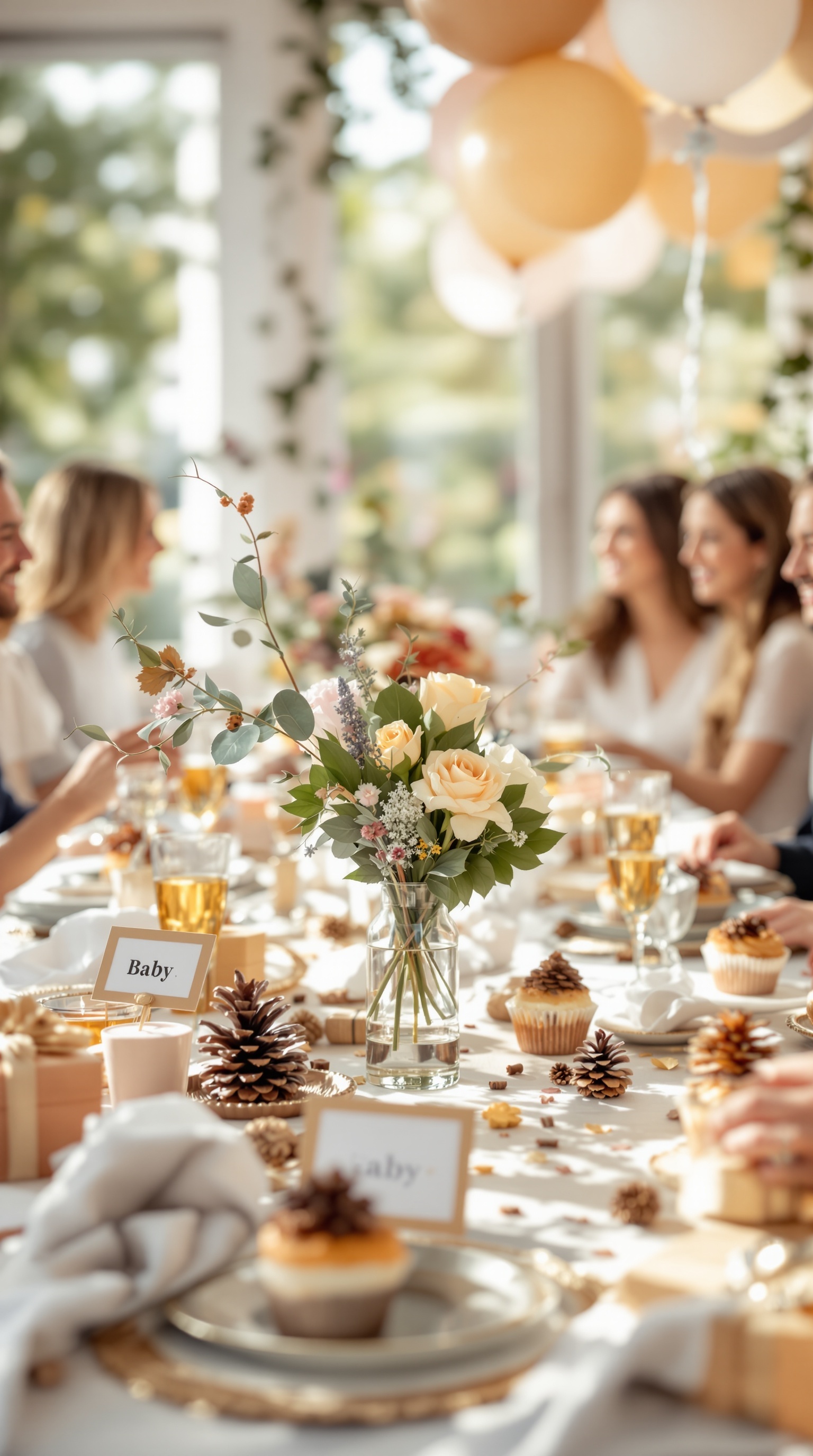 A beautifully set table for a baby shower featuring nature-inspired centerpieces with flowers and pinecones.