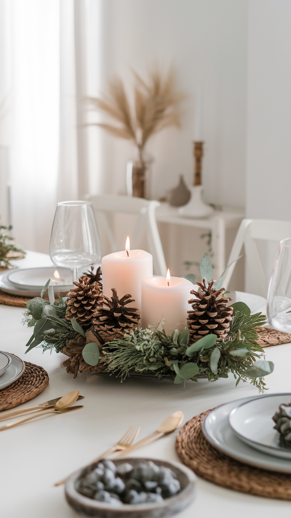 A cozy Christmas table centerpiece featuring candles, pinecones, and greenery.