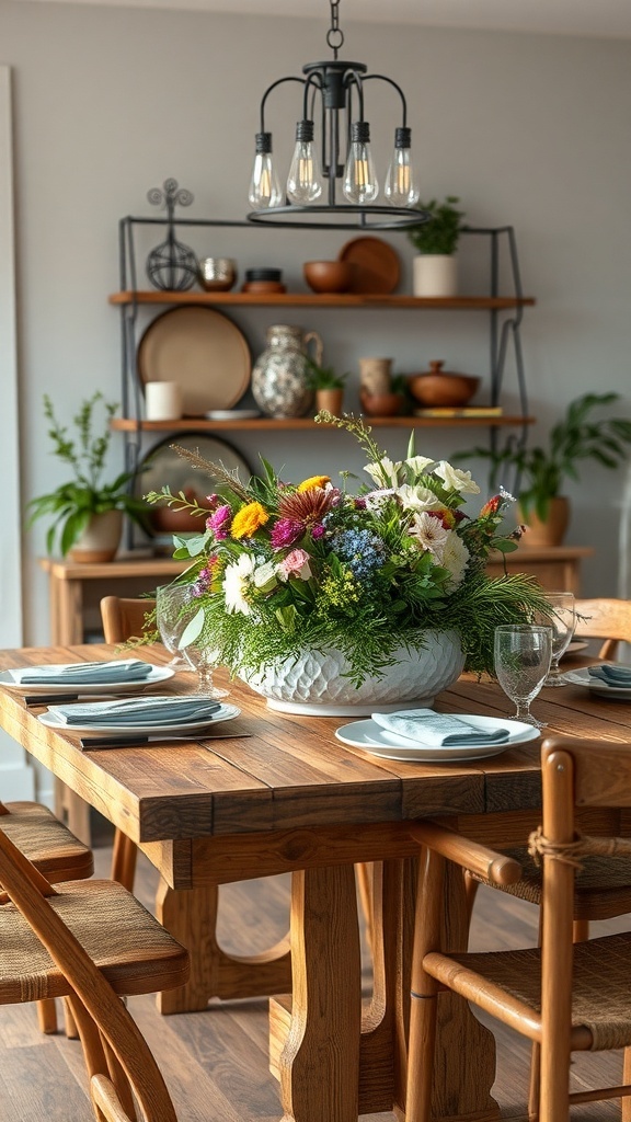 A rustic dining table with a vibrant floral centerpiece, surrounded by wooden chairs and soft lighting.