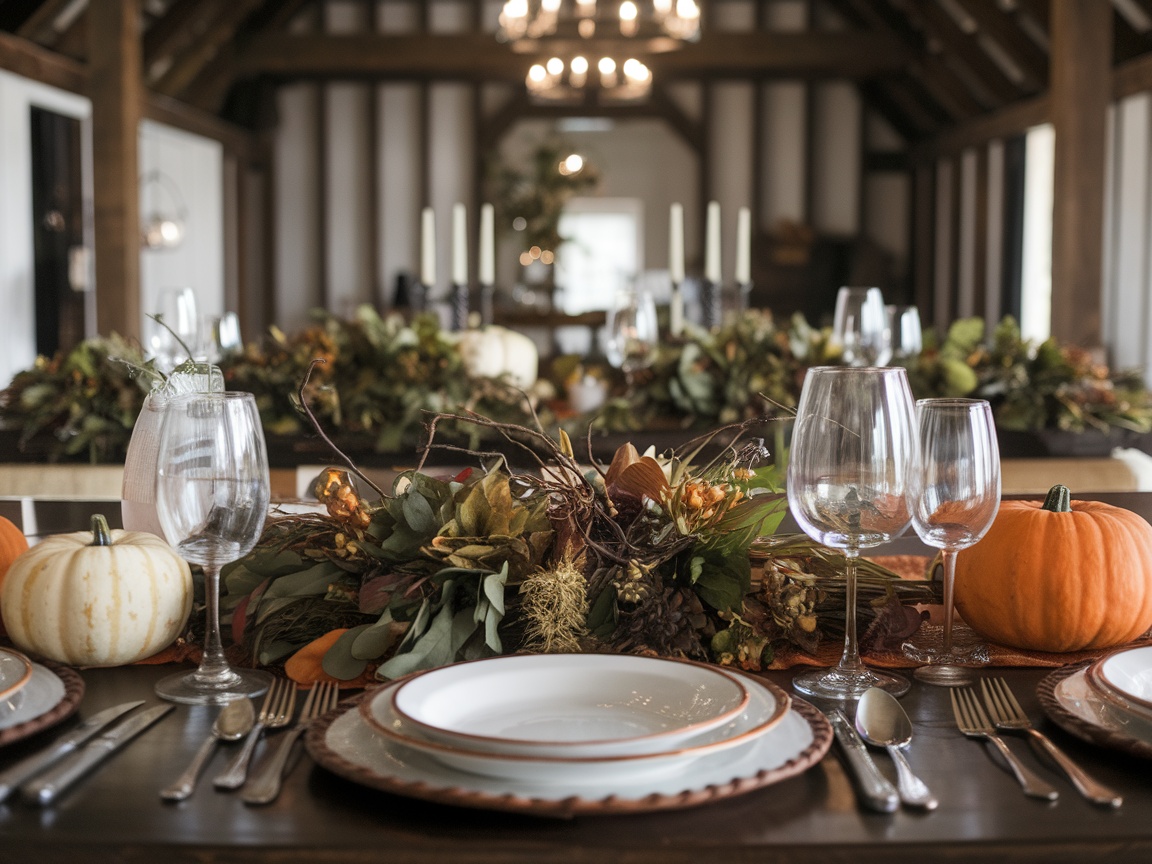 A Thanksgiving table with a nature-inspired centerpiece featuring twigs and flowers in a glass vase, surrounded by candles and elegant tableware.