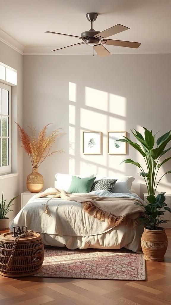 A cozy bedroom with a nature-inspired color palette featuring plants, soft bedding, and warm wood tones.