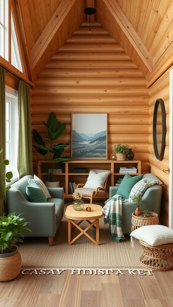 Cozy cabin interior with wooden walls, green and blue furniture, and plants.