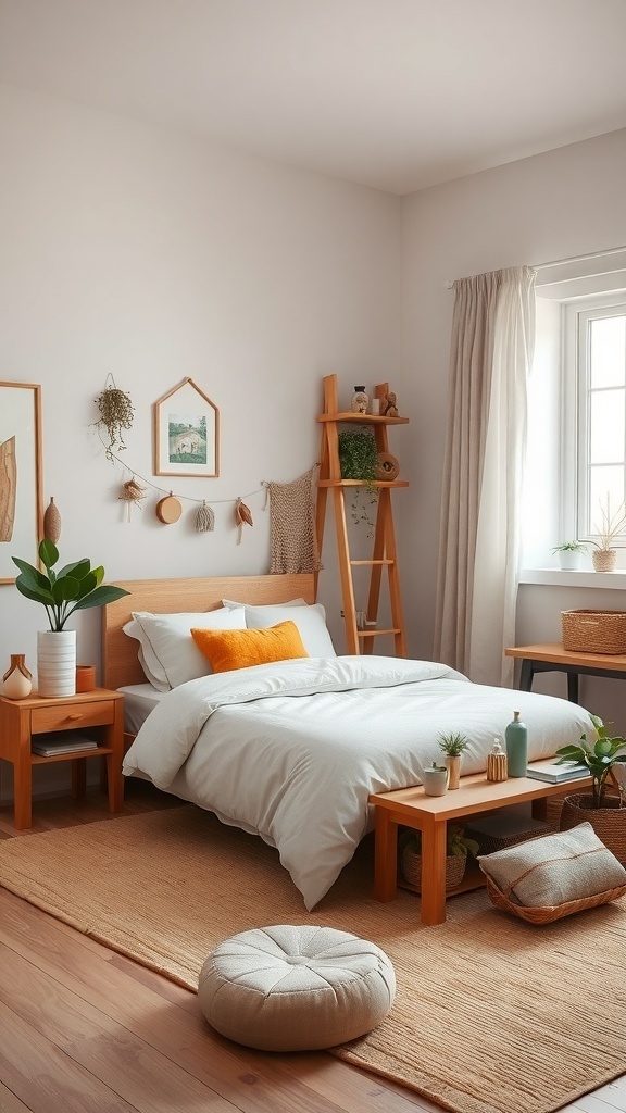 A cozy children's bedroom with nature-inspired decor featuring light wood furniture, neutral bedding, and pops of orange.