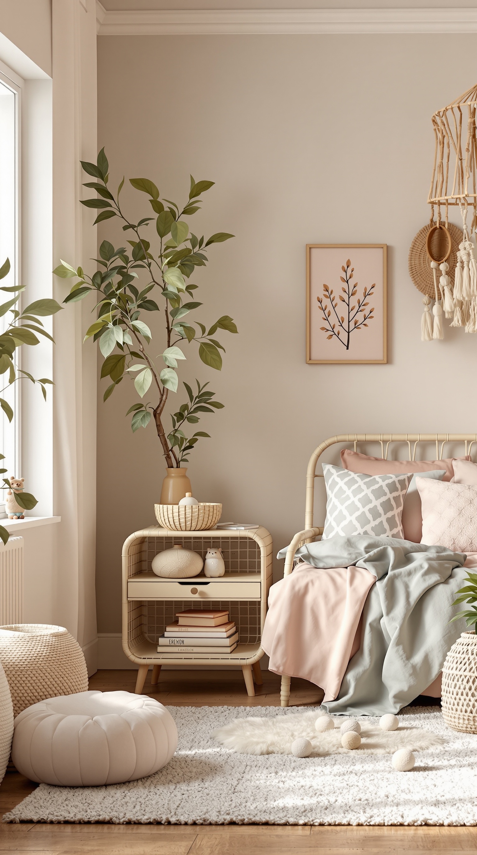 A cozy boho kids room featuring nature-inspired colors, plants, and soft textiles.