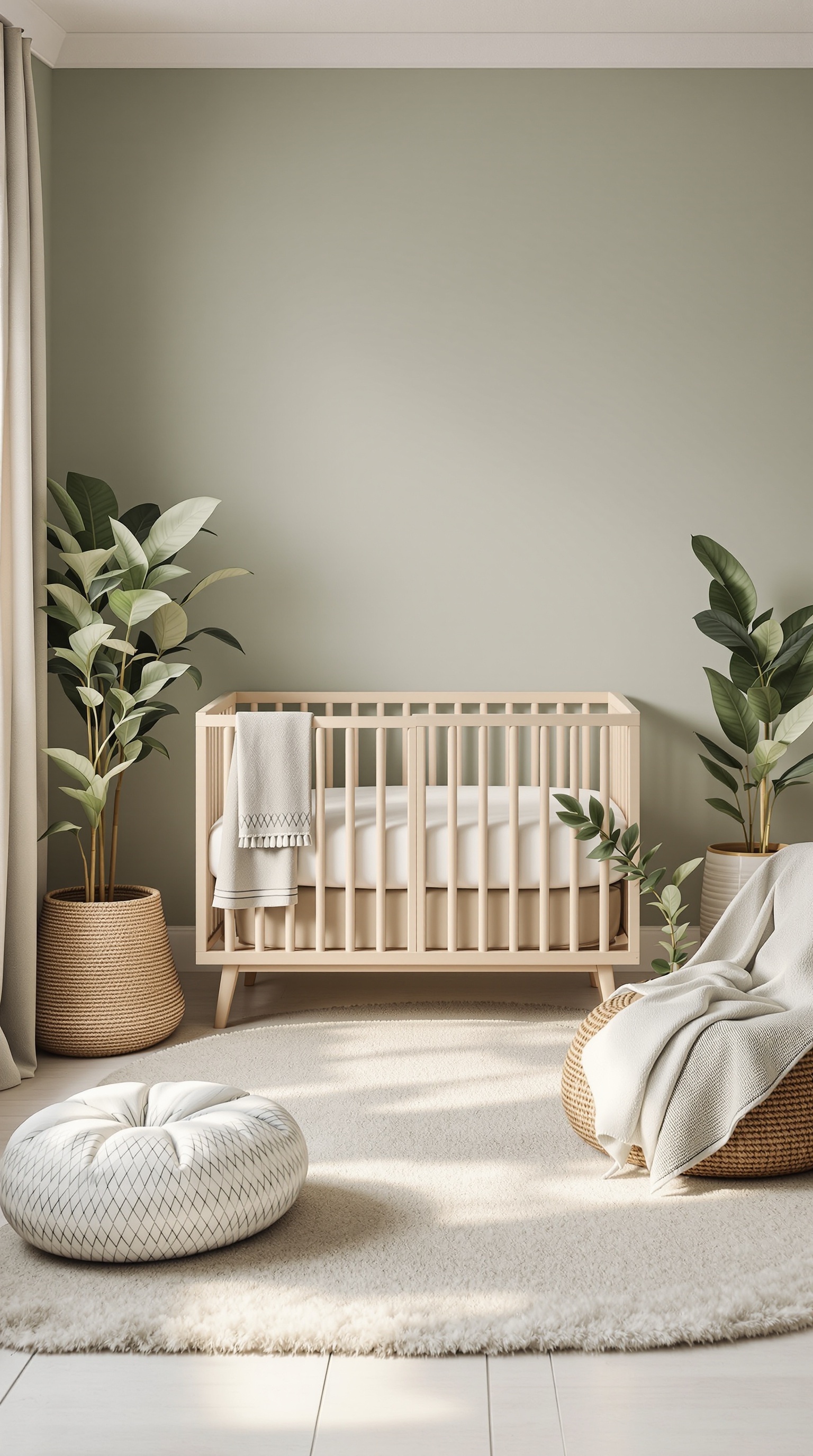 A serene baby room with a wooden crib, green walls, and plants, featuring soft textures and natural elements.