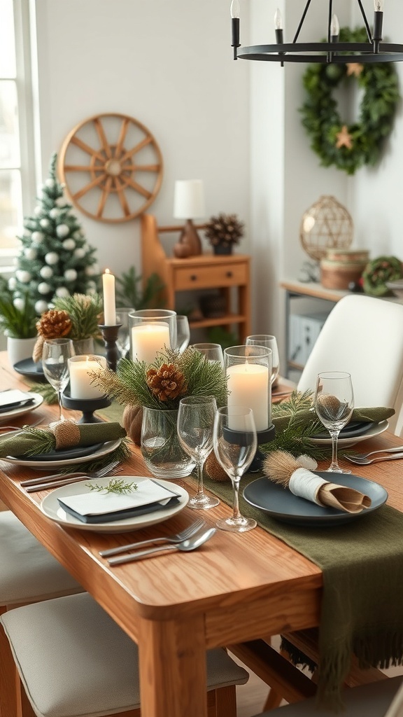 A beautifully set winter dining table featuring natural elements like pine branches and candles.