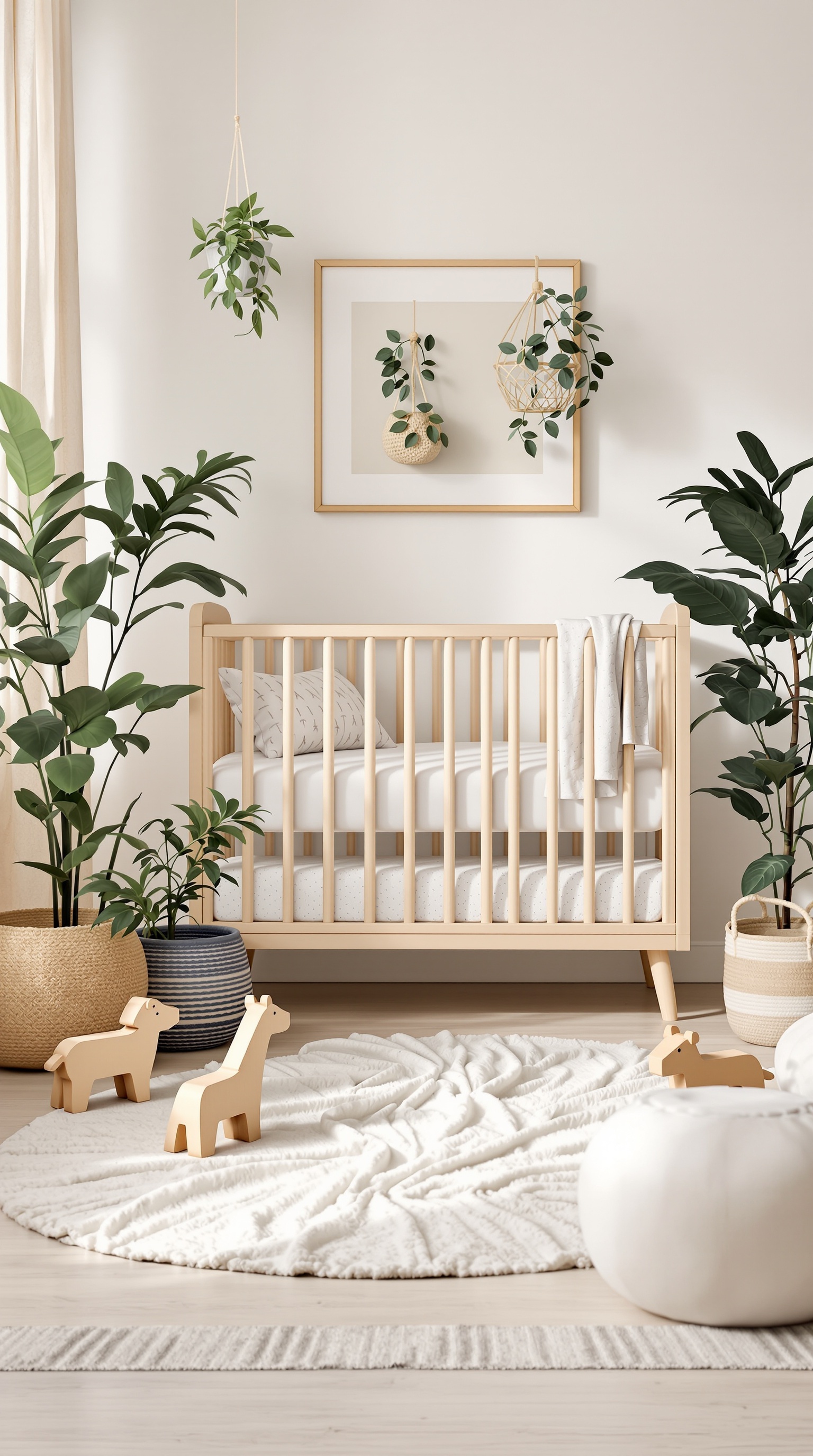 A serene baby room with a wooden crib, plants, and wooden animal toys on a circular rug.