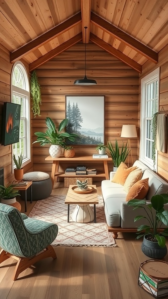 Cozy tiny cabin interior with wooden walls, plants, and natural decor elements