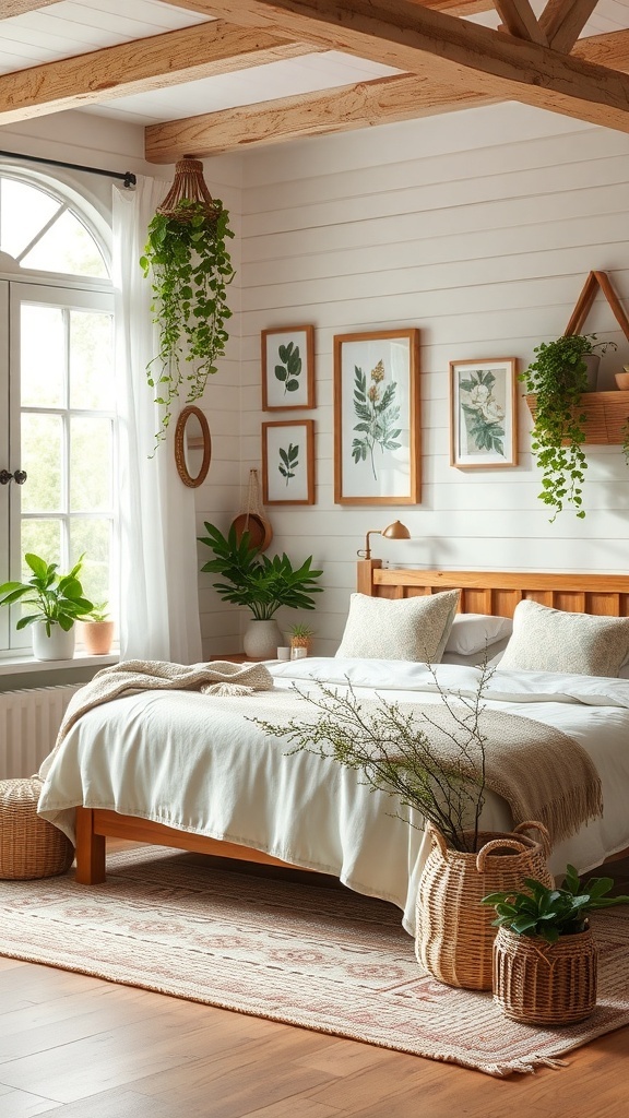 Cozy cottage bedroom with wooden beams, plants, and botanical prints