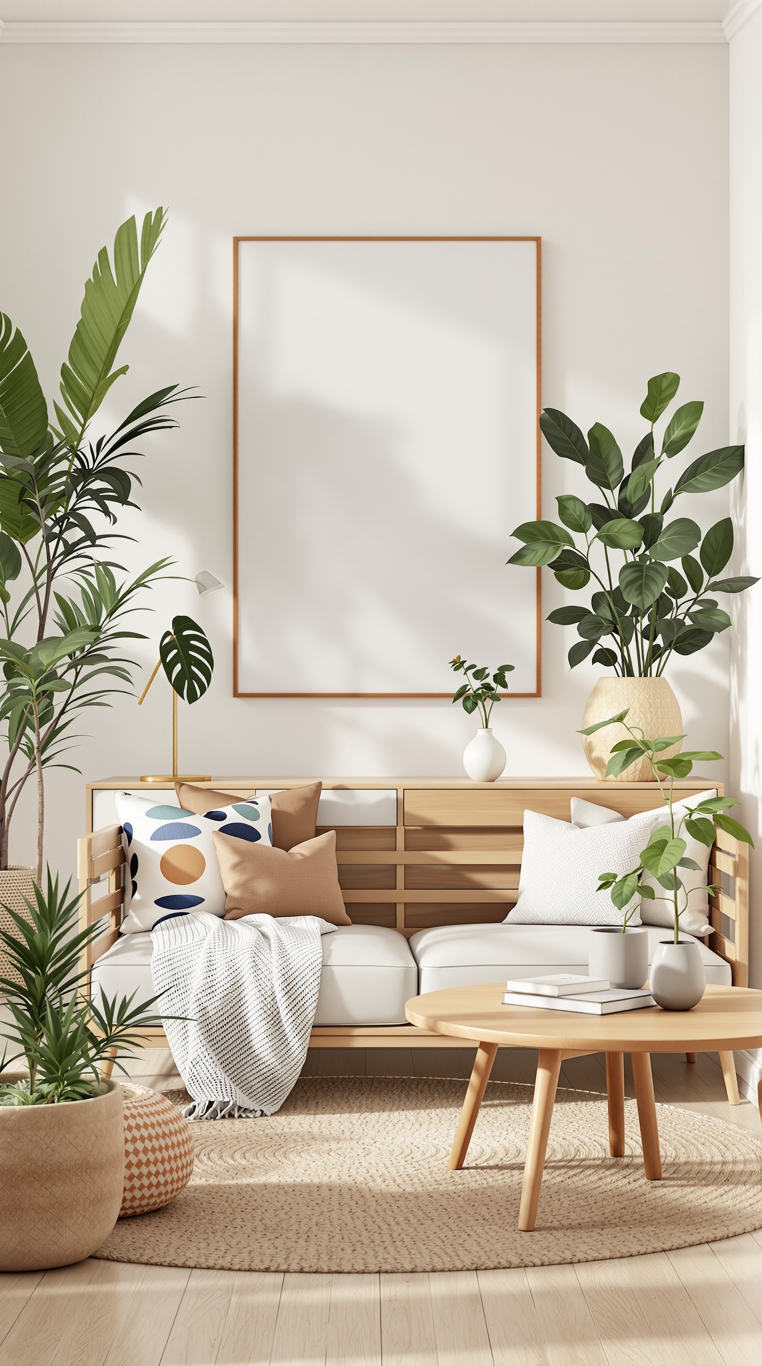 A cozy living room with plants, a comfortable couch, and natural decor elements.