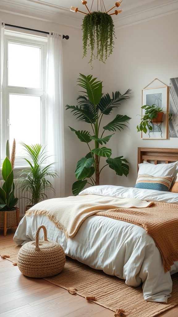 A modern bedroom with plants, soft linens, and earthy tones.