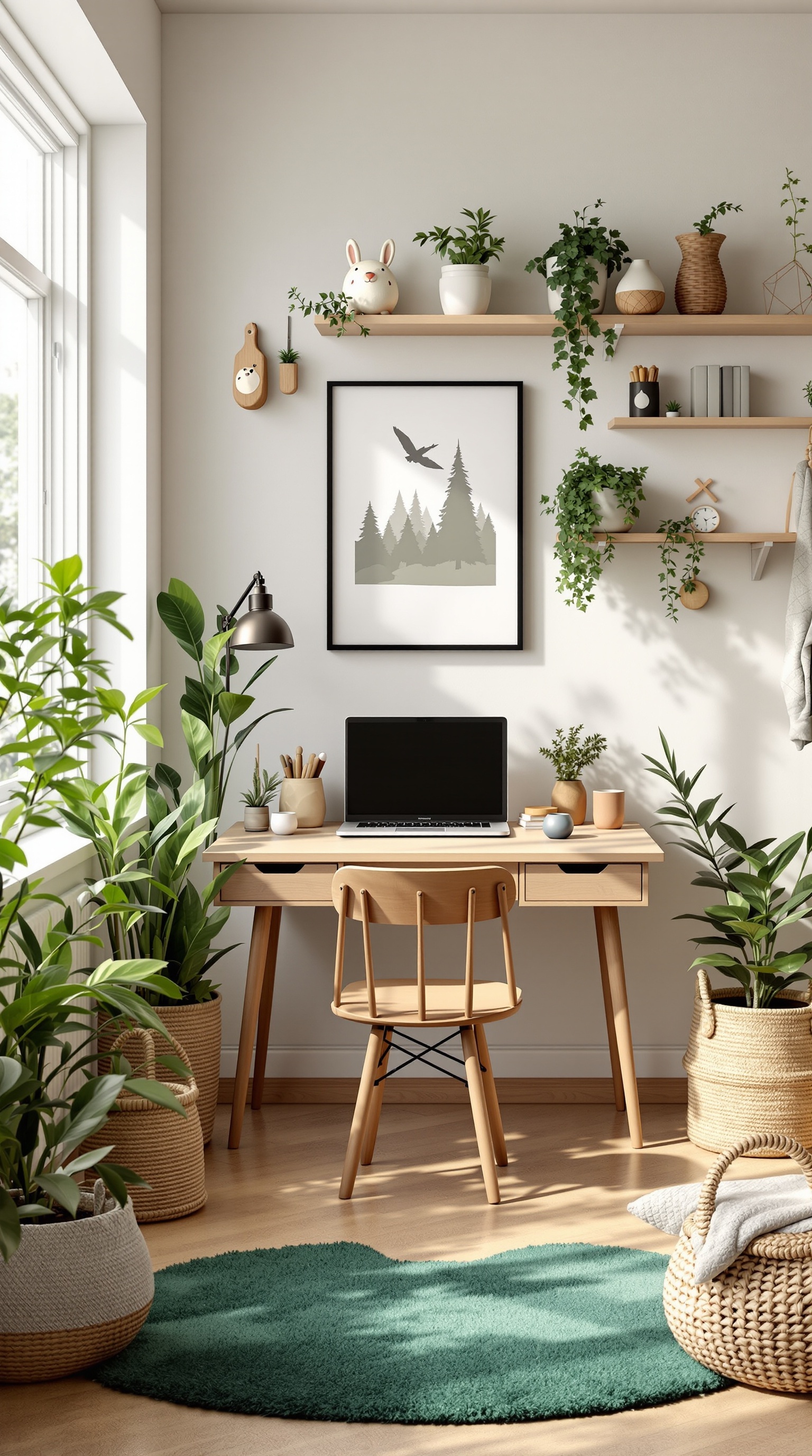 A cozy kids' study room with a wooden desk, plants, and nature-themed decor.