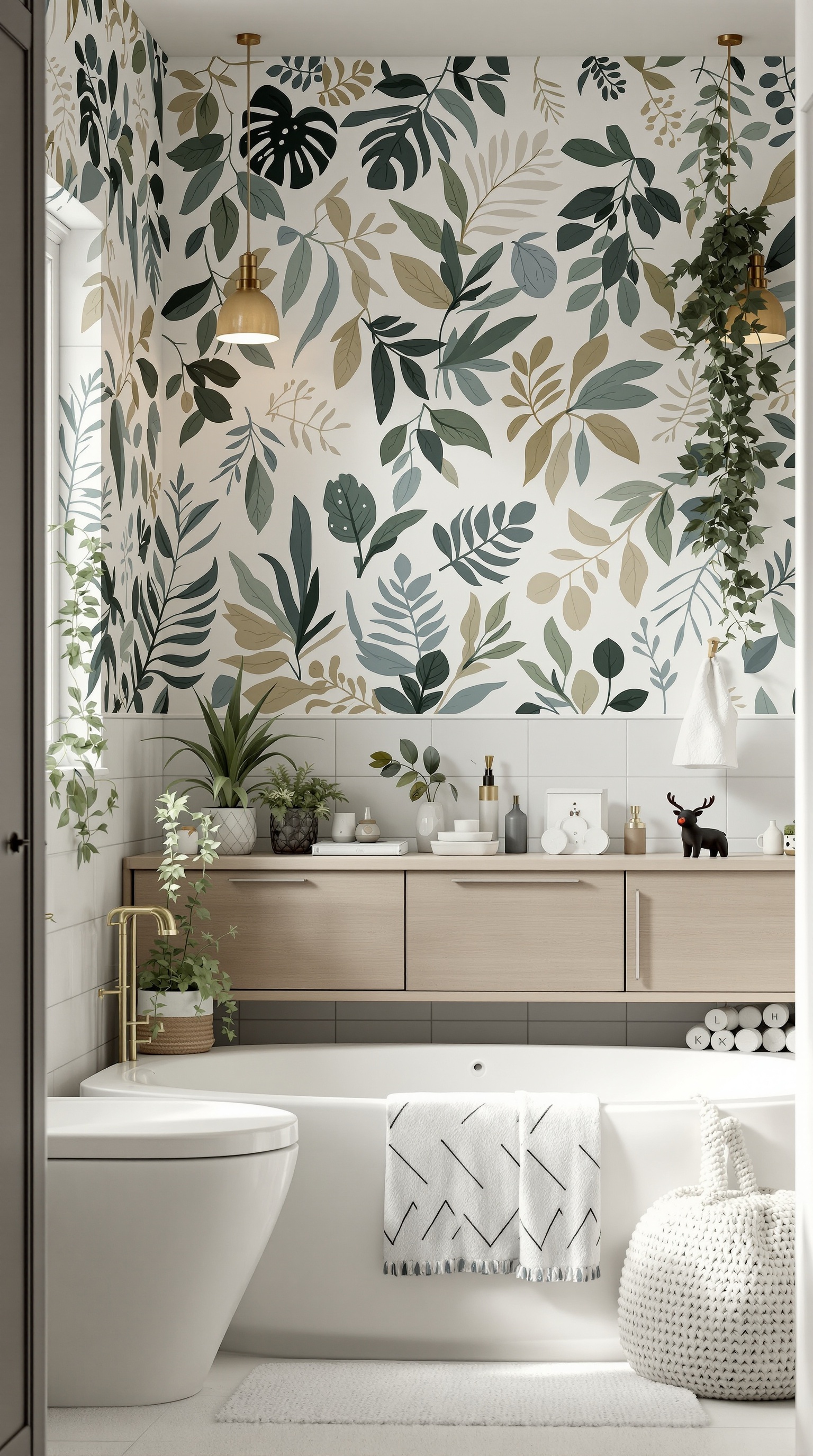A modern kids bathroom featuring nature-inspired decor with leaf-patterned wallpaper and plants.
