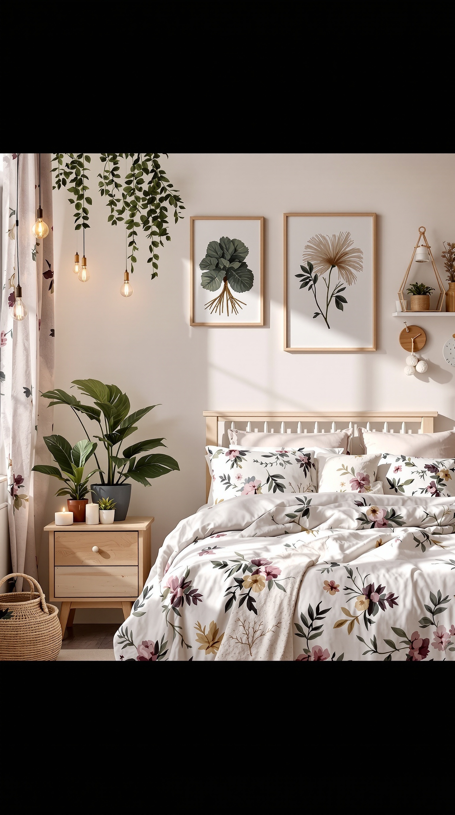 A toddler girl's bedroom with floral bedding, hanging plants, and botanical wall art.