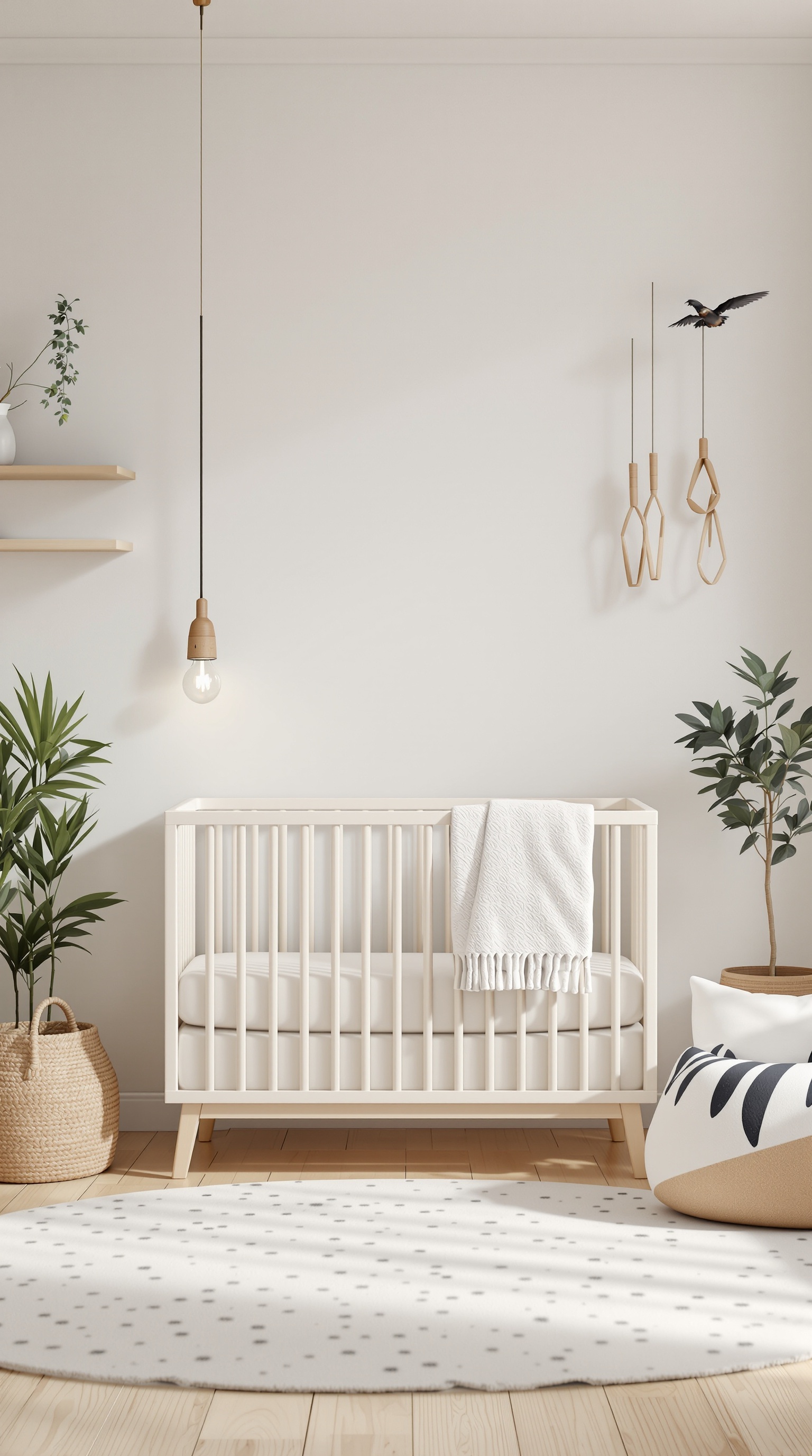 A nature-inspired baby room featuring a light wood crib, potted plants, and a soft rug.