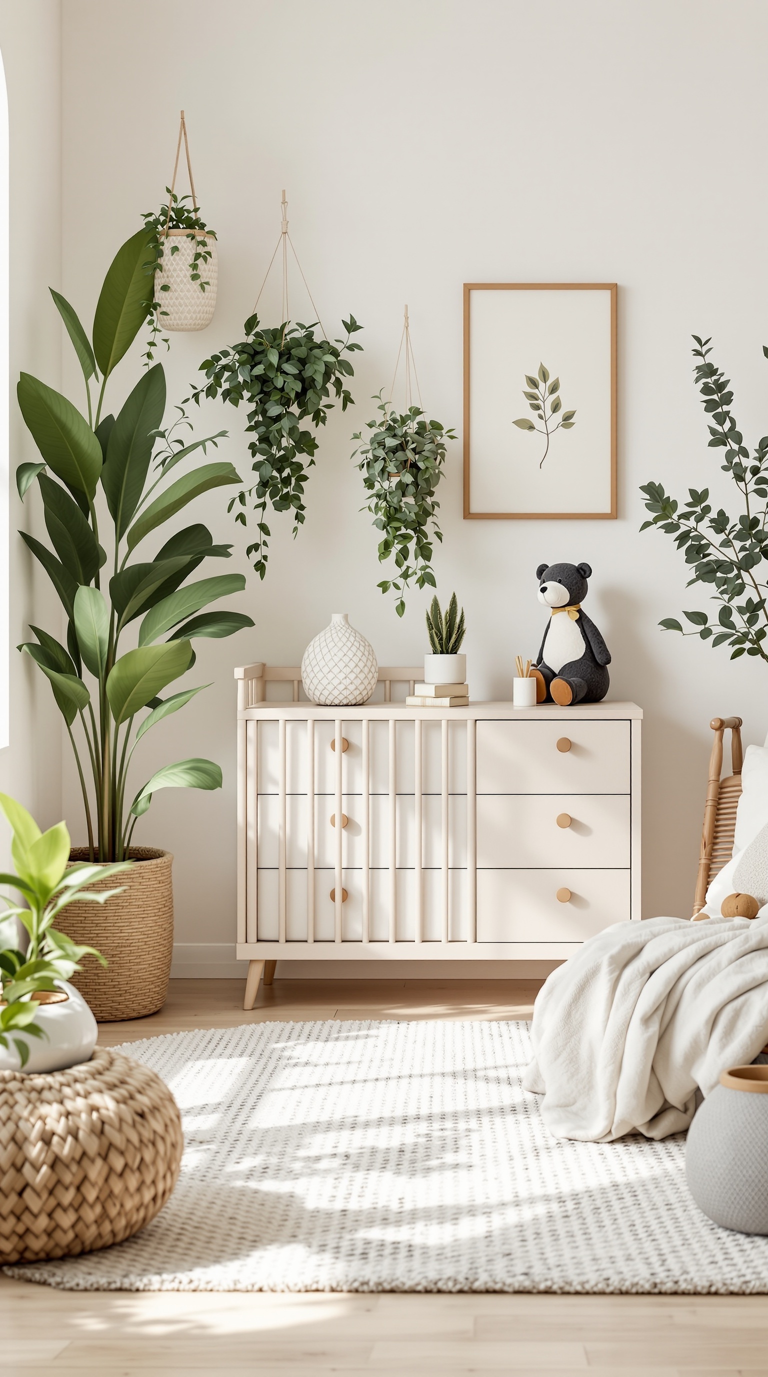 A neutral baby nursery featuring large green plants, light wood furniture, and a cozy atmosphere.