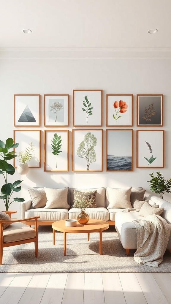 Gallery wall with nature-themed framed art in a cozy living room