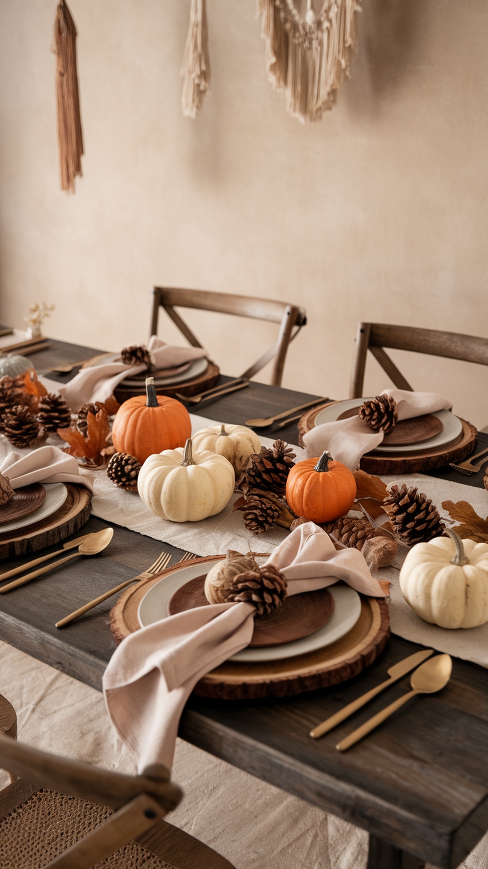 A beautifully set boho Thanksgiving table featuring pumpkins, pinecones, and natural decor.