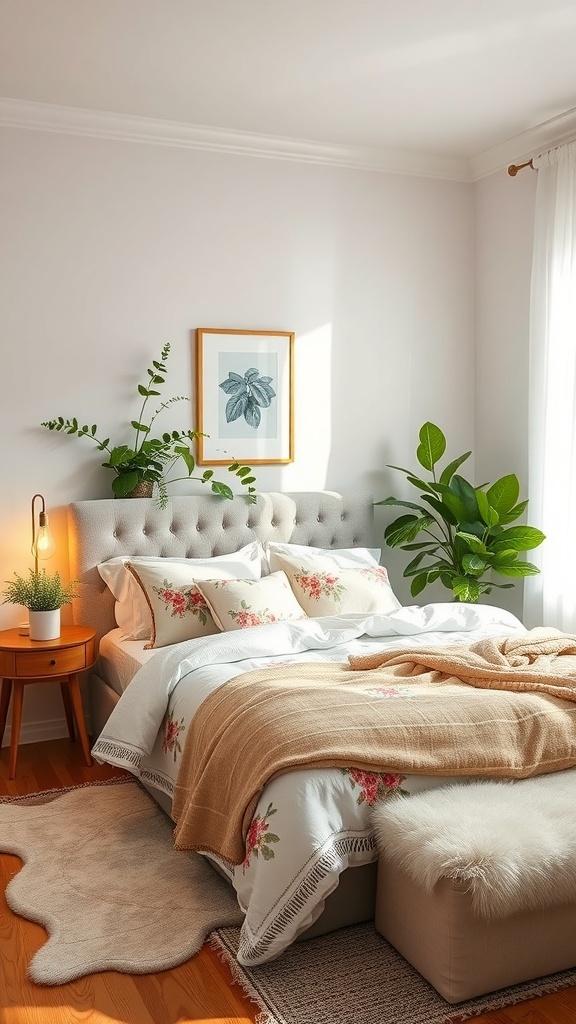 Cozy romantic academia bedroom with floral bedding and potted plants