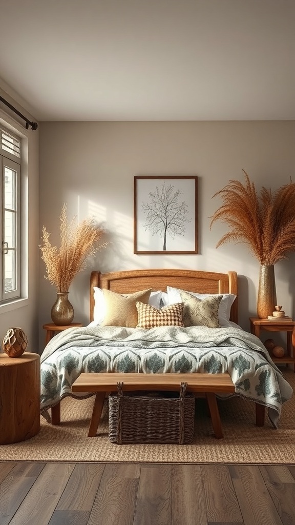 A rustic bedroom featuring a wooden bed, earthy decor, and nature-inspired elements.