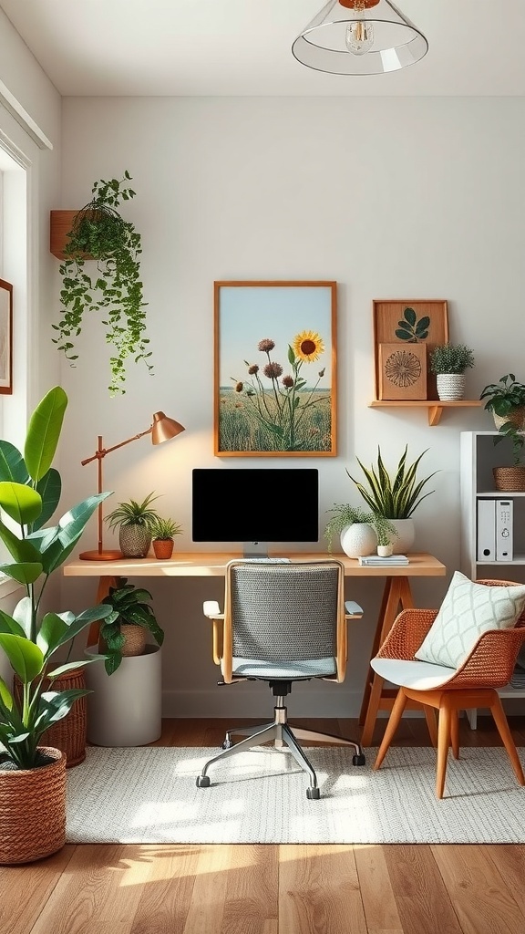A bright home office with a wooden desk, plants, and nature-inspired decor.