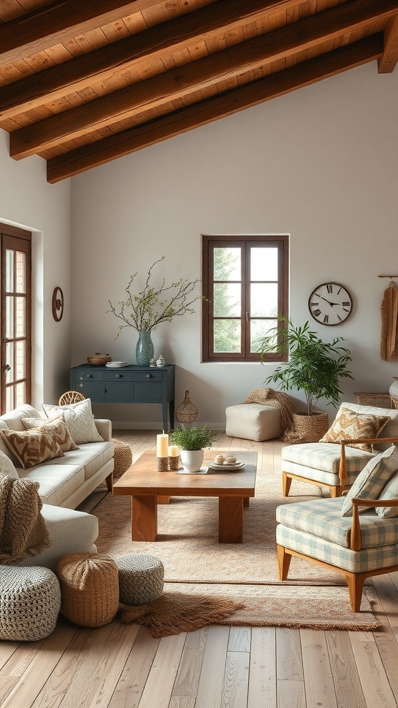 Cozy rustic living room with wooden beams, natural decor, and plants.