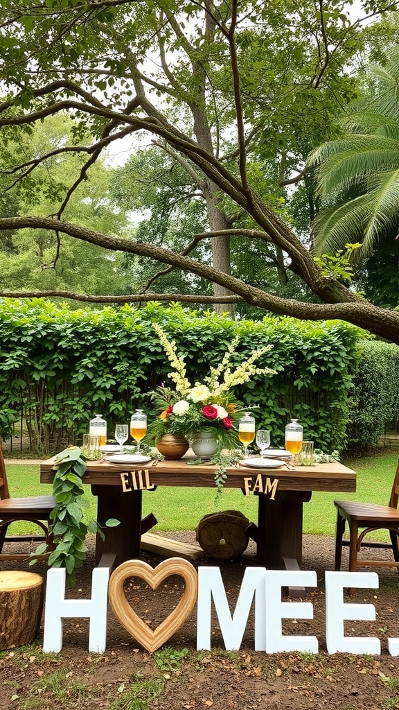 A beautifully decorated outdoor table for a bridal shower surrounded by greenery.