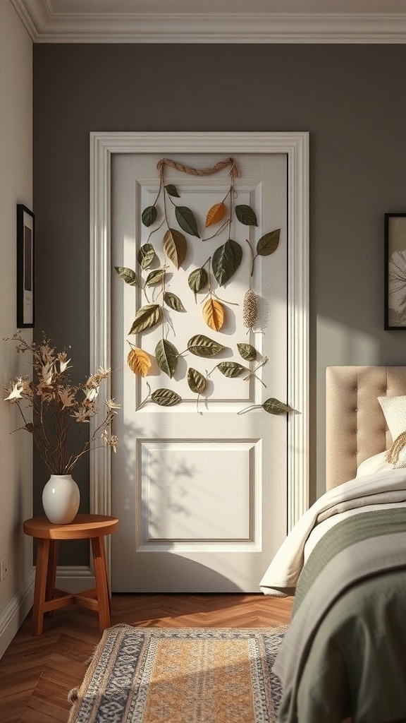 A bedroom door decorated with various leaves, creating a nature-inspired look.