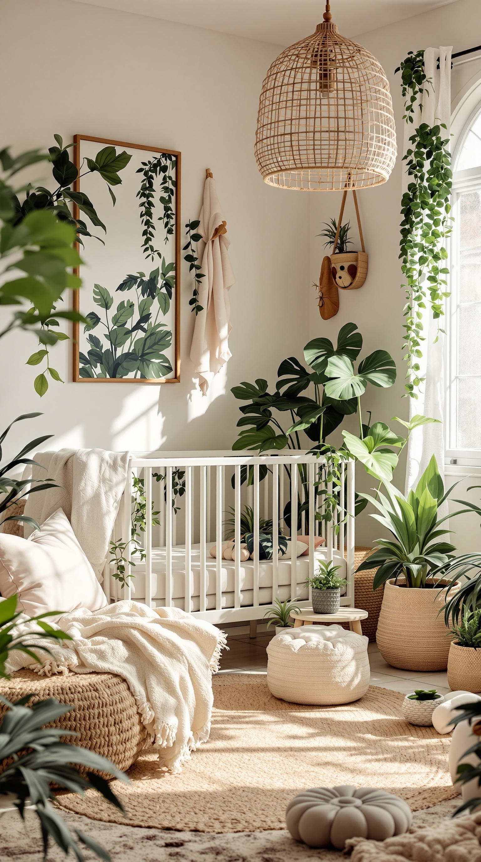 A cozy boho baby nursery featuring a crib surrounded by various plants, a woven pendant light, and soft textures.