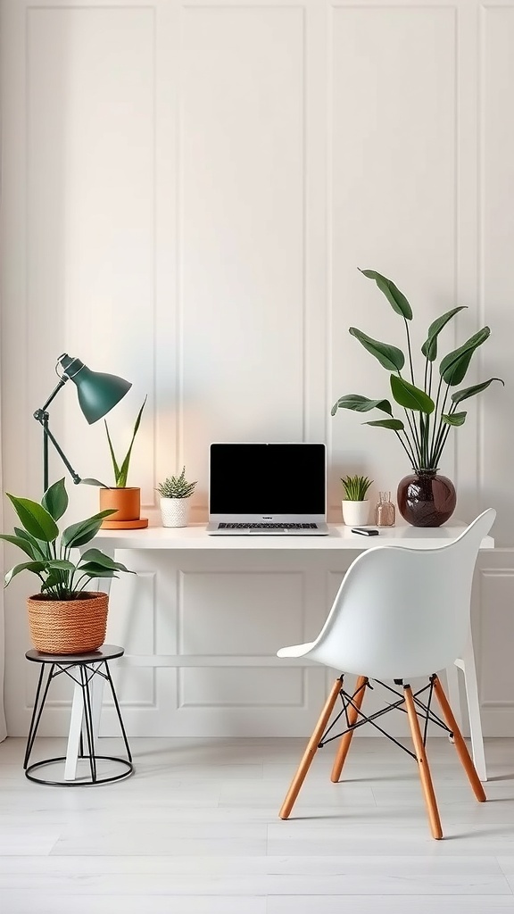 A minimalist desk setup with a laptop and various plants, including a tall leafy plant and smaller potted plants, complemented by a lamp.