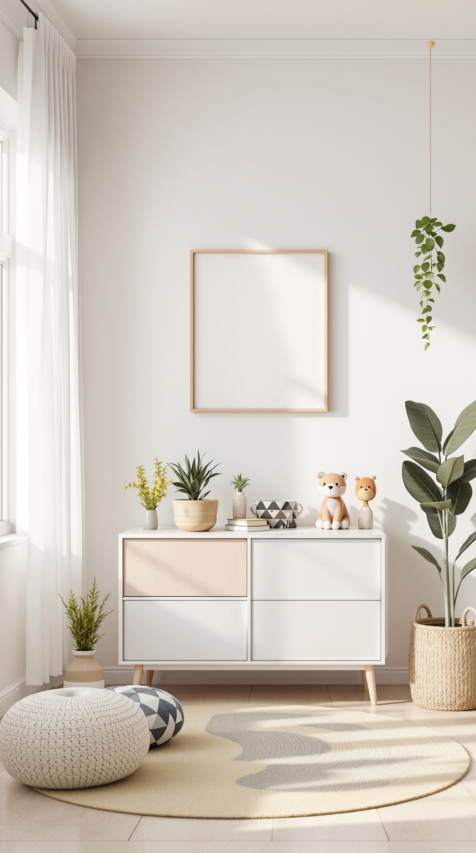 A bright kids room featuring plants, soft textures, and a neutral color palette.