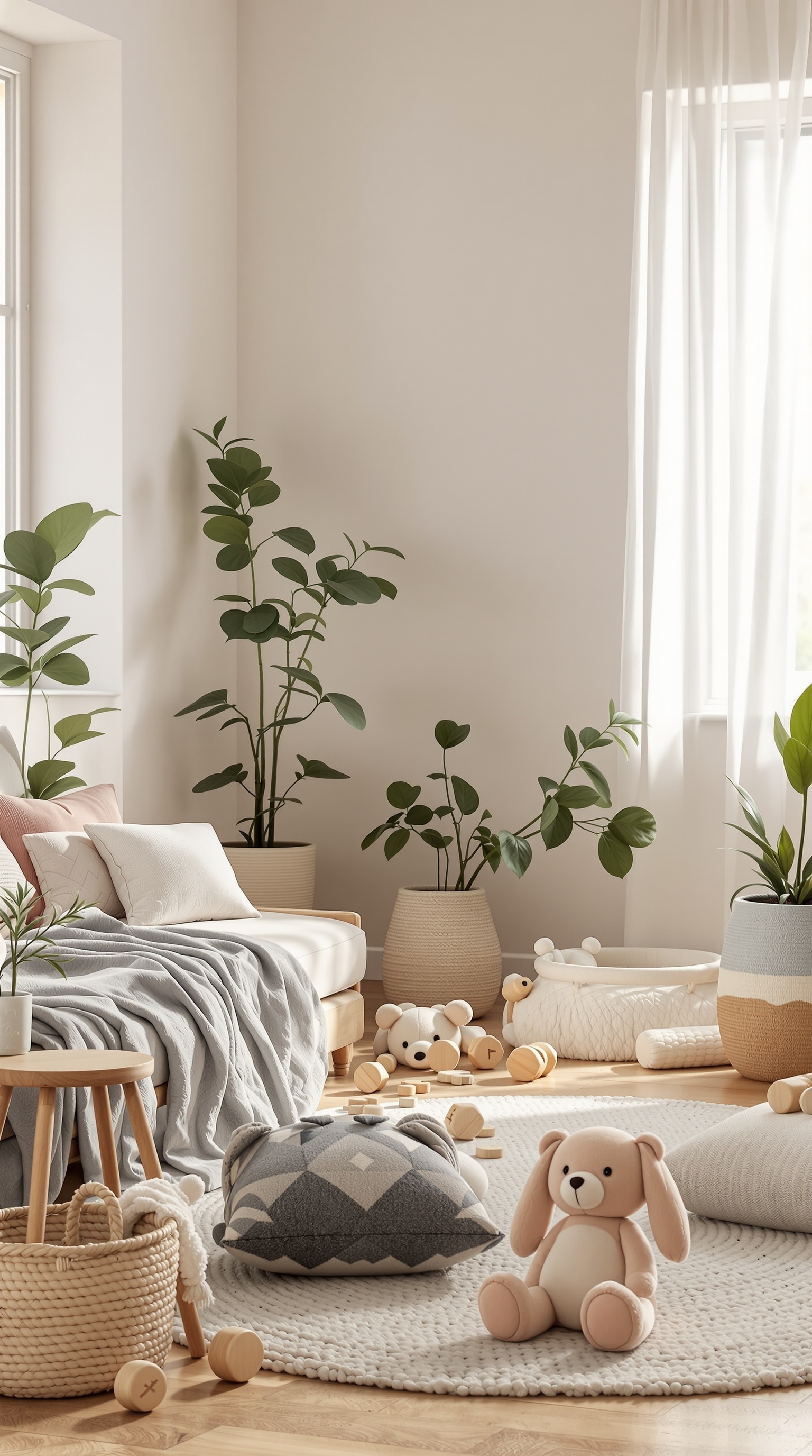 A cozy toddler room featuring plants, soft pillows, and natural light.