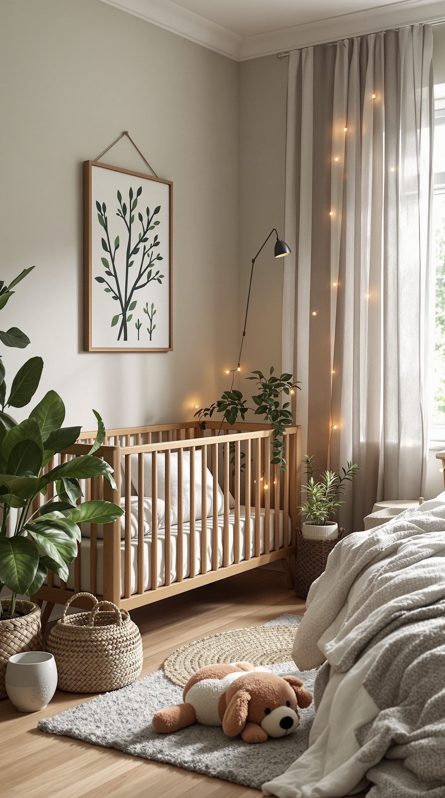 A cozy toddler room with a wooden crib, plants, and soft lighting.