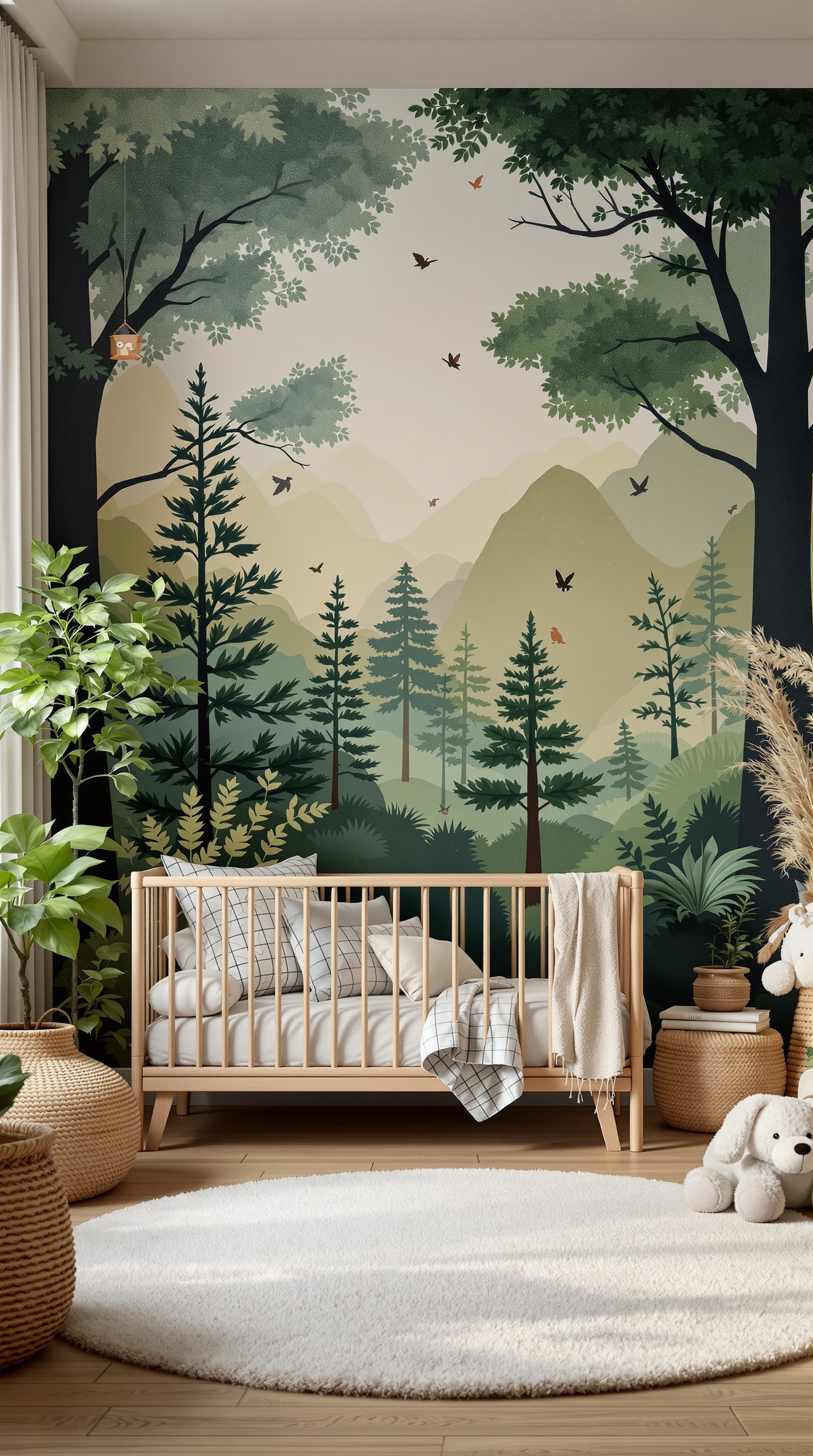 A toddler bedroom with a nature-inspired mural featuring trees and mountains, a crib, and plants.