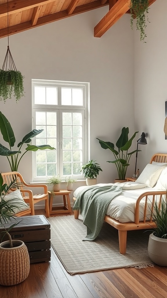 A cozy bedroom featuring wooden furniture, plants, and natural light.