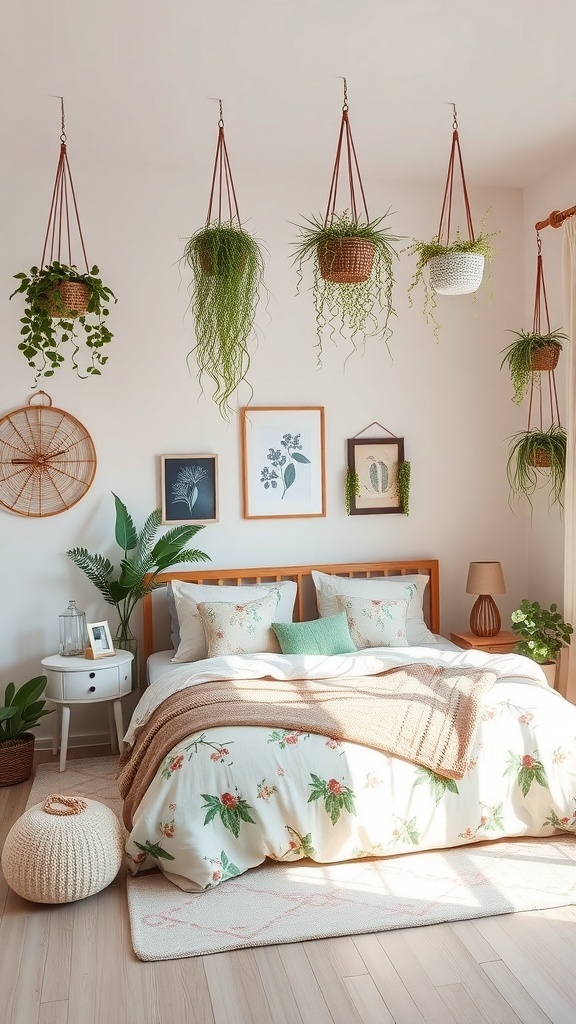 A cozy bedroom with floral bedding, hanging plants, and natural light.