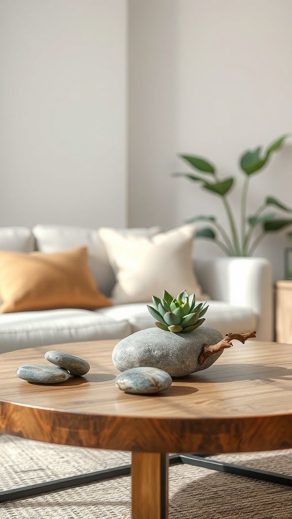A coffee table with a succulent in a stone, surrounded by smooth pebbles, set in a bright living room.
