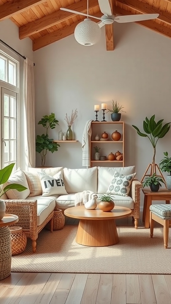 A cozy cottage living room with natural elements, plants, and warm lighting.