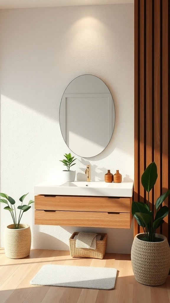 A modern single sink bathroom vanity featuring a wooden design, round mirror, and potted plants, creating a nature-inspired atmosphere.