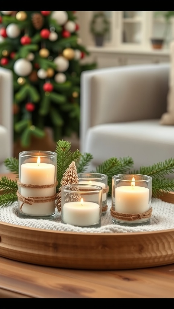 A cozy holiday tray with candles and greenery, set against a Christmas tree backdrop.